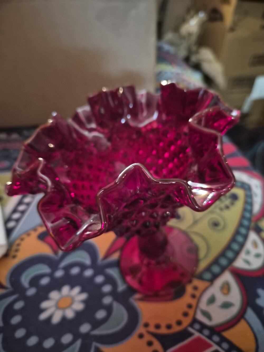 Vintage Fenton Glass Ruby Red Hobnail Pedestal Candy Dish with a Ruffled Edge